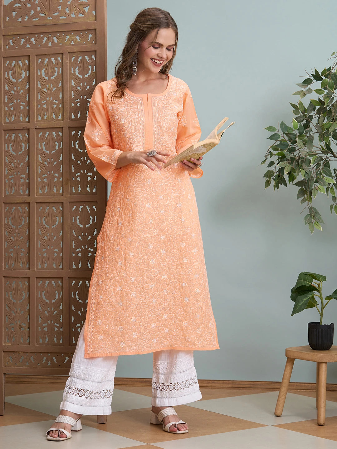 Ada Hand Embroidered Peach Cotton Lucknowi Chikankari Straight Kurta A411791