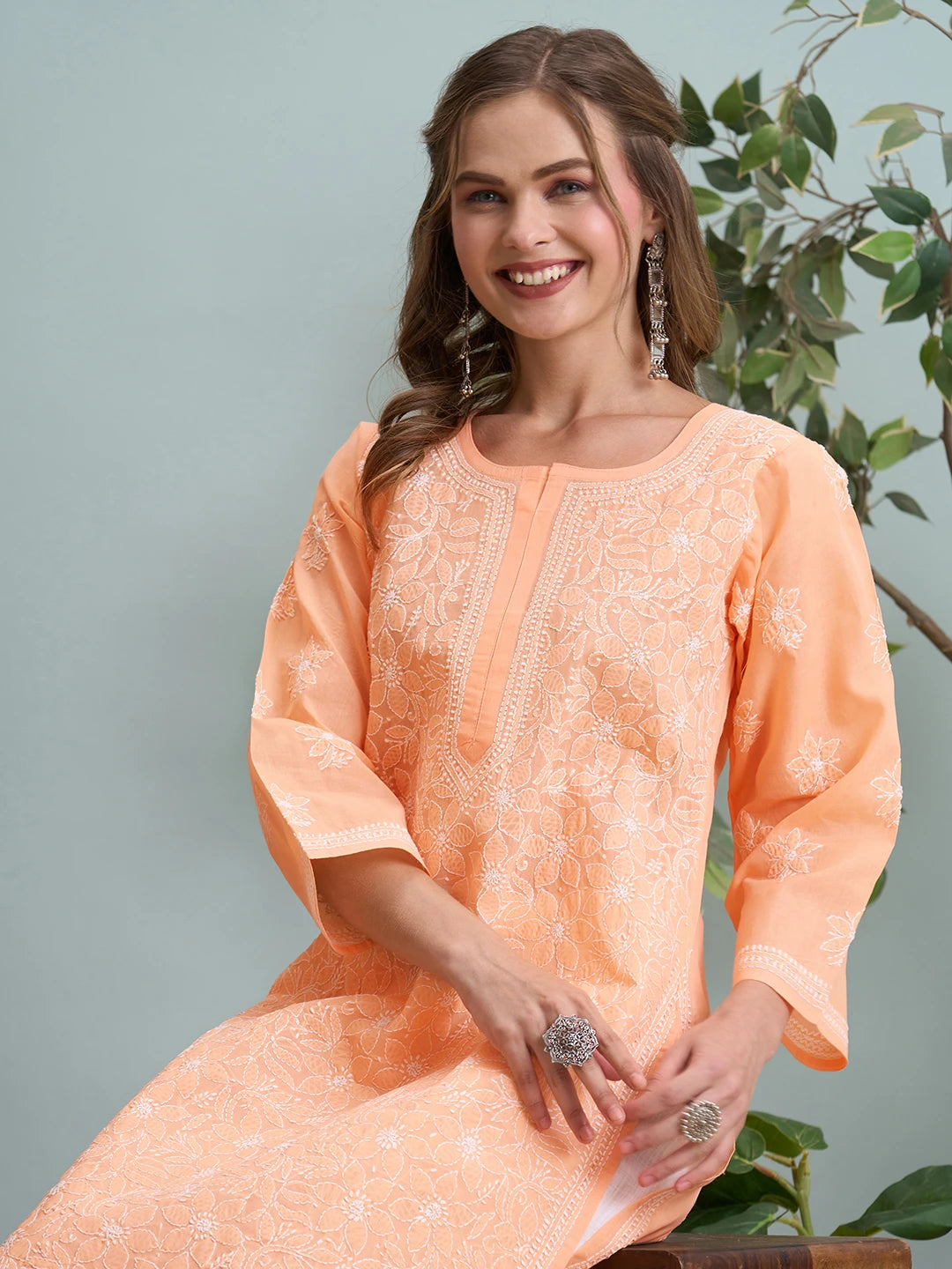 Ada Hand Embroidered Peach Cotton Lucknowi Chikankari Straight Kurta A411791