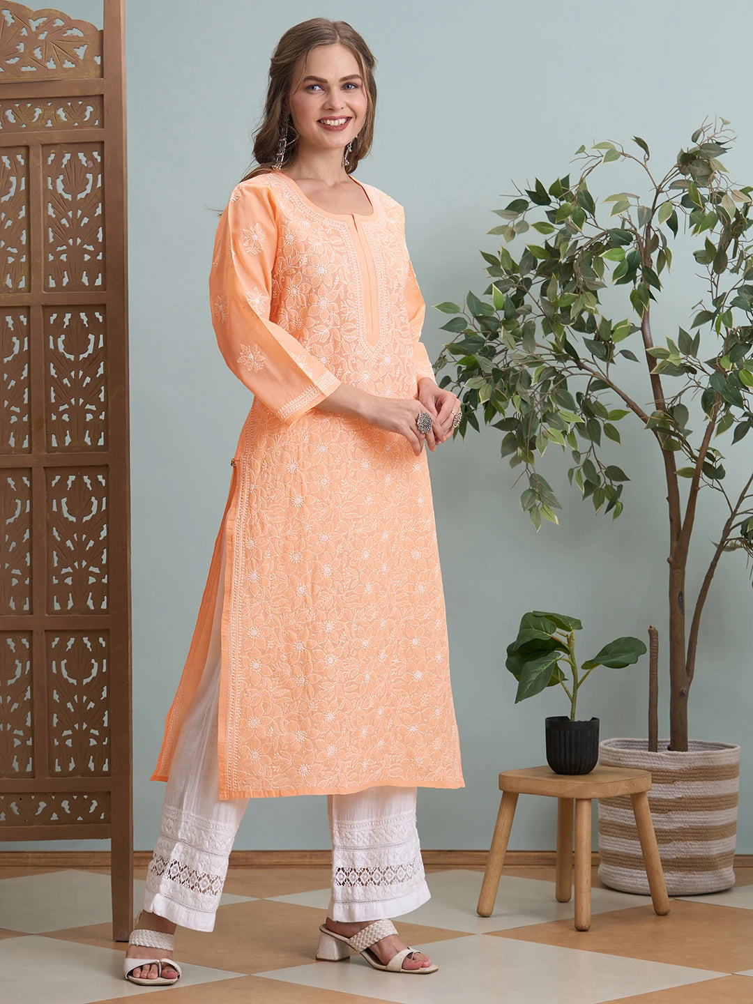 Ada Hand Embroidered Peach Cotton Lucknowi Chikankari Straight Kurta A411791
