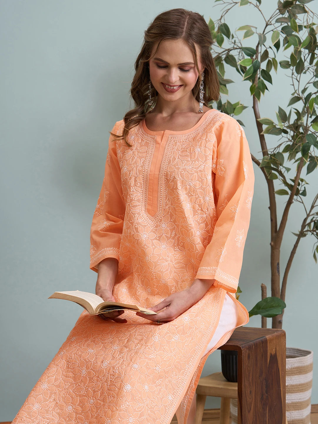 Ada Hand Embroidered Peach Cotton Lucknowi Chikankari Straight Kurta A411791