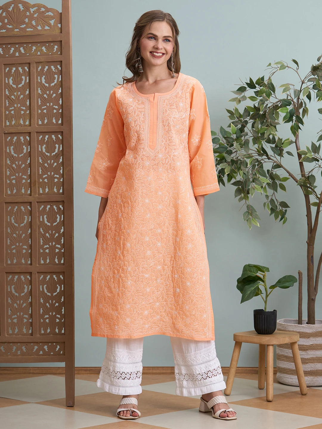Ada Hand Embroidered Peach Cotton Lucknowi Chikankari Straight Kurta A411791