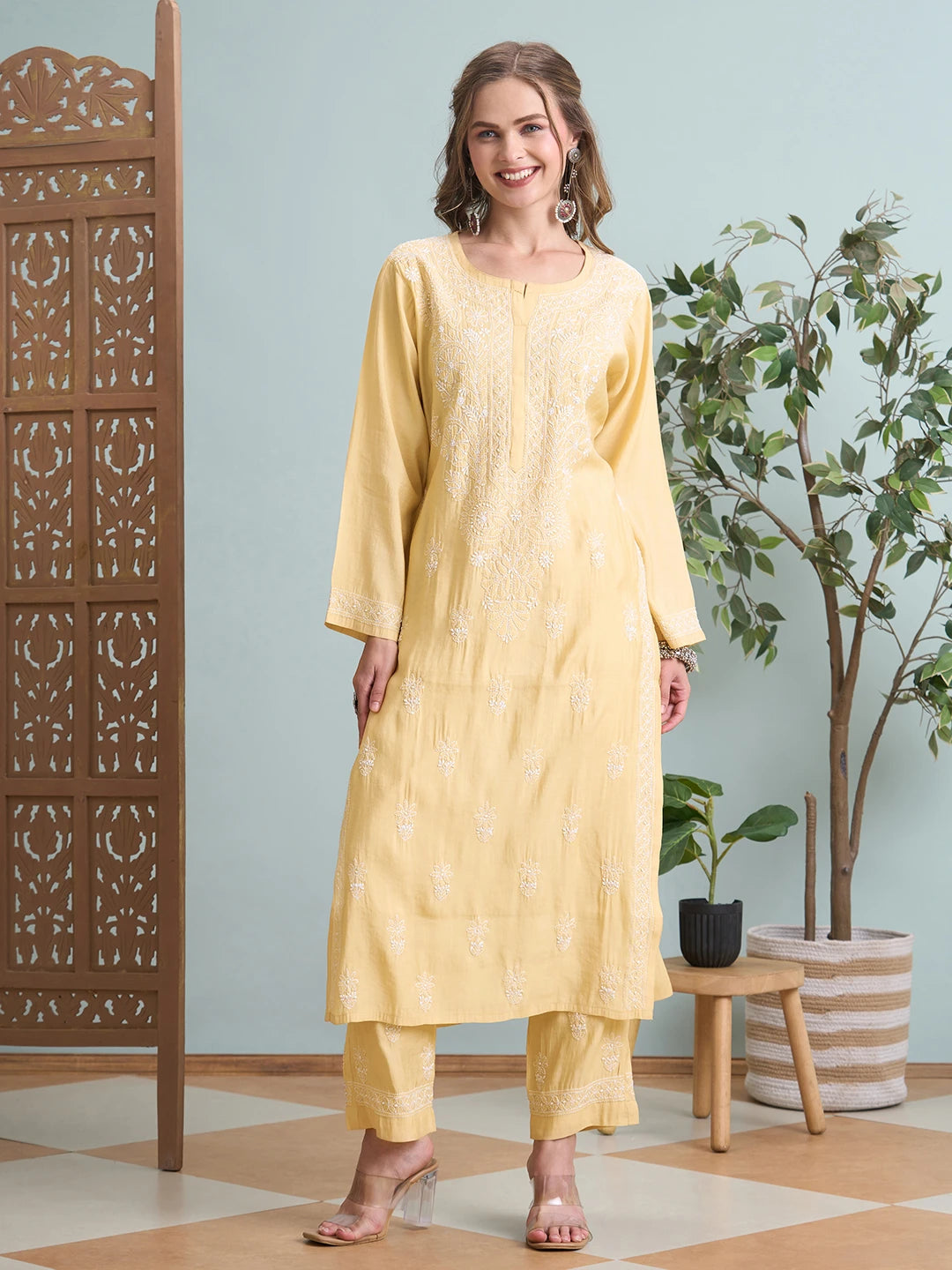 Ada Hand Embroidered Fawn Chanderi Lucknowi Chikankari Kurta Set A811363
