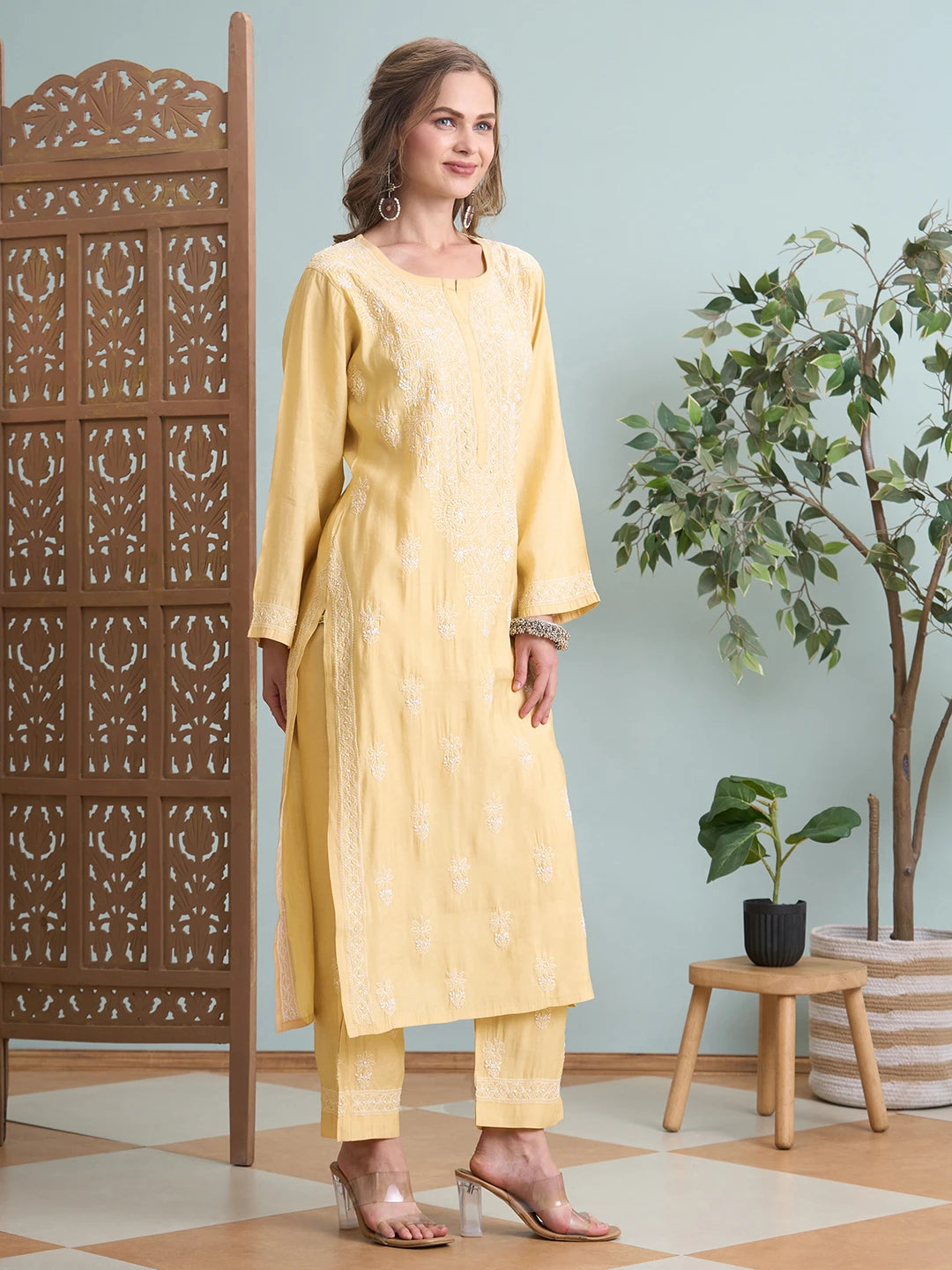 Ada Hand Embroidered Fawn Chanderi Lucknowi Chikankari Kurta Set A811363