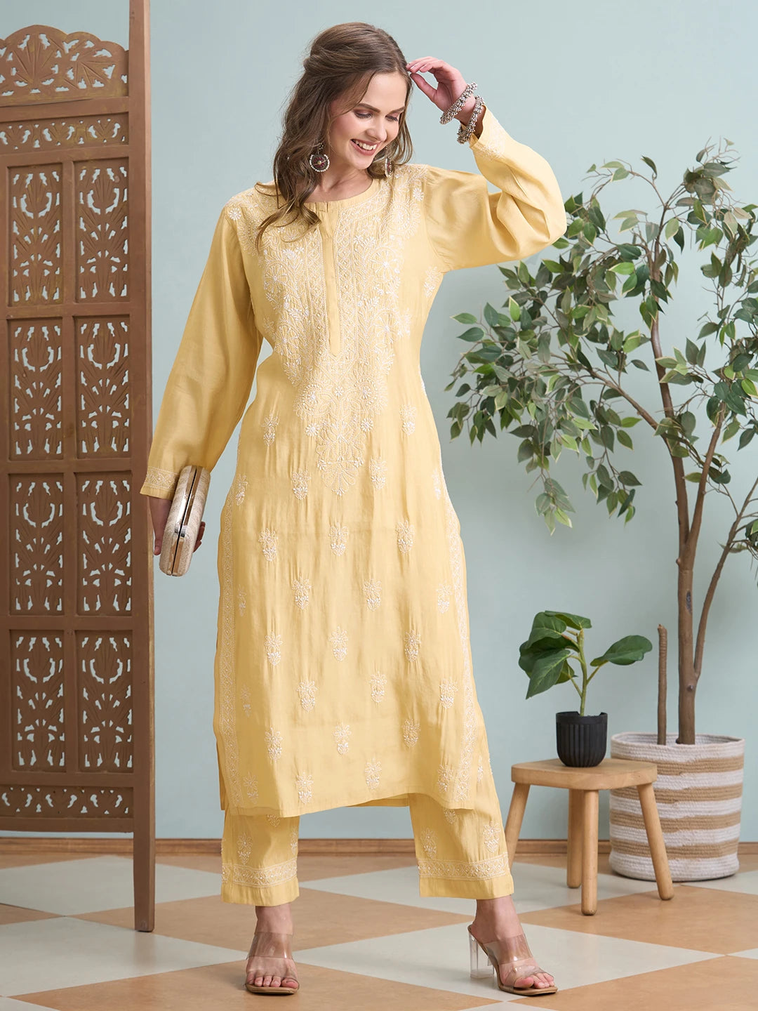 Ada Hand Embroidered Fawn Chanderi Lucknowi Chikankari Kurta Set A811363