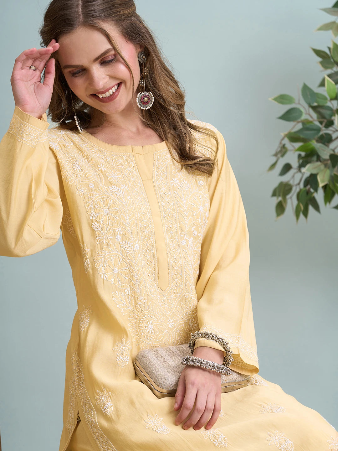 Ada Hand Embroidered Fawn Chanderi Lucknowi Chikankari Kurta Set A811363