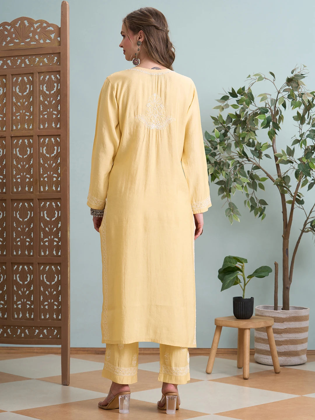 Ada Hand Embroidered Fawn Chanderi Lucknowi Chikankari Kurta Set A811363