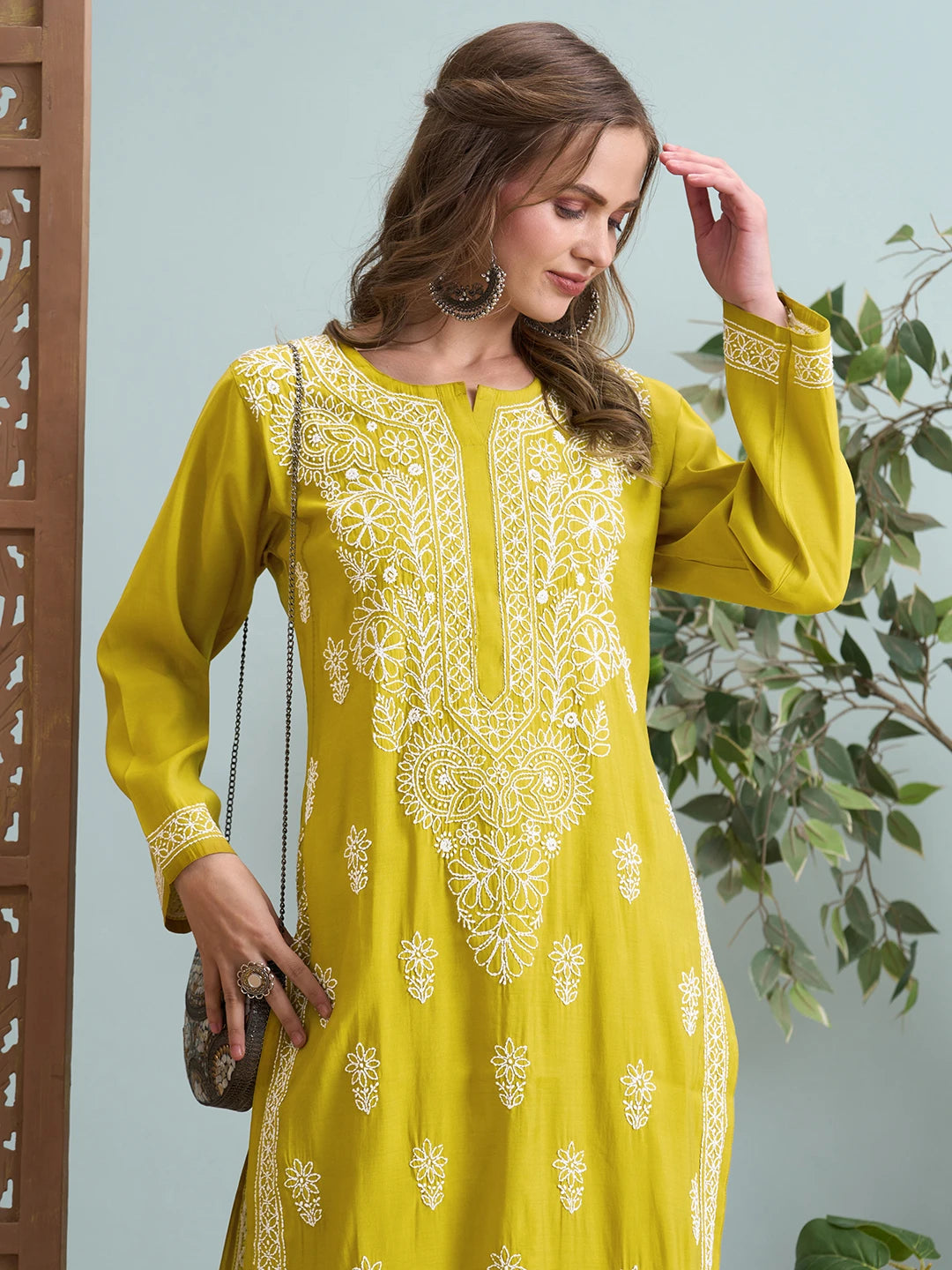 Ada Hand Embroidered Mehandi Green Chanderi Lucknowi Chikankari Kurta Set A811360
