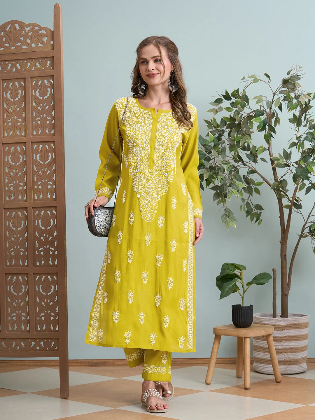 Ada Hand Embroidered Mehandi Green Chanderi Lucknowi Chikankari Kurta Set A811360