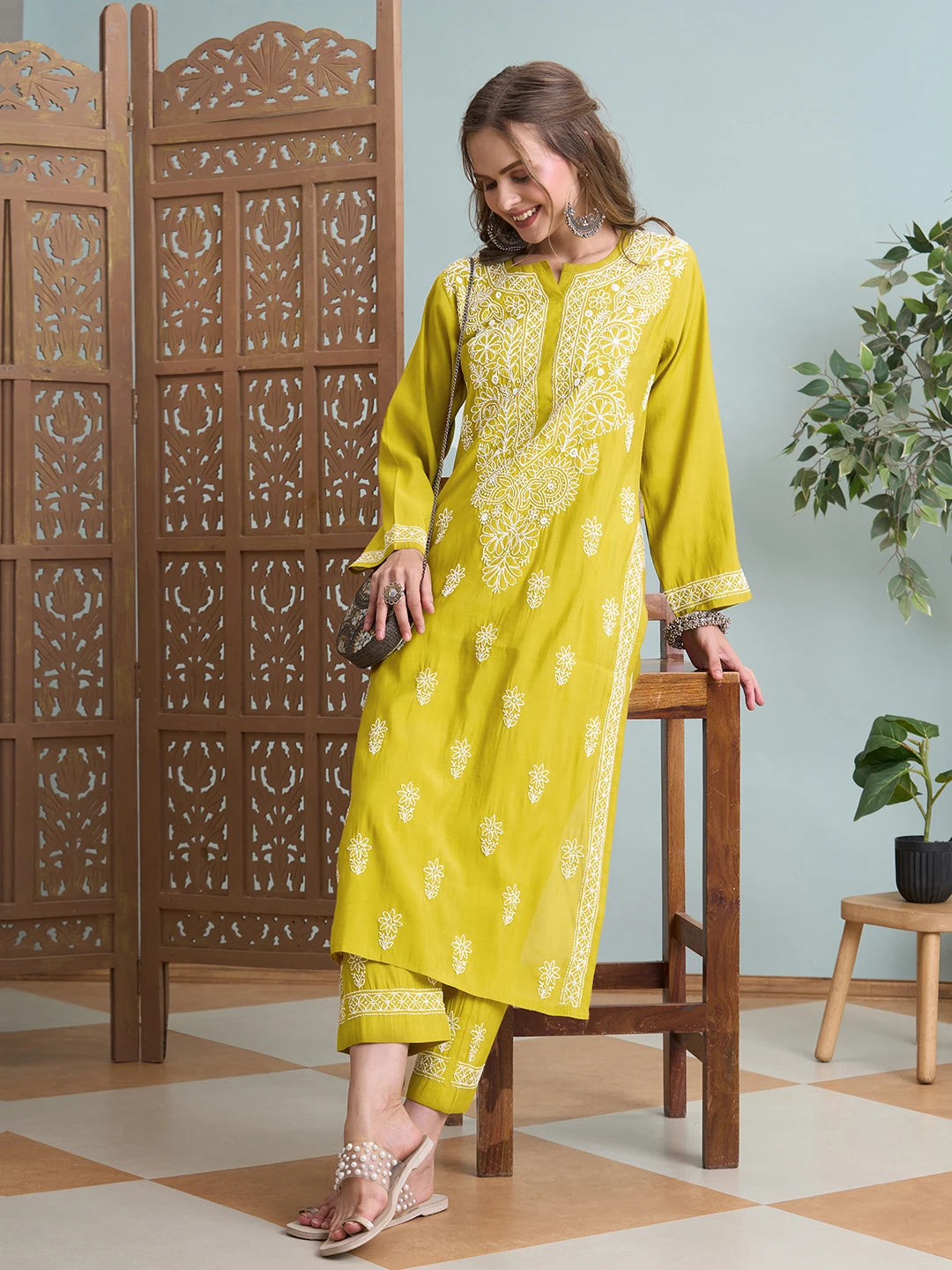 Ada Hand Embroidered Mehandi Green Chanderi Lucknowi Chikankari Kurta Set A811360