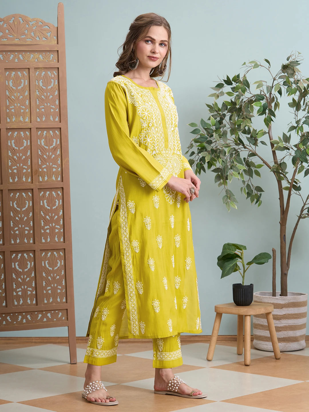 Ada Hand Embroidered Mehandi Green Chanderi Lucknowi Chikankari Kurta Set A811360