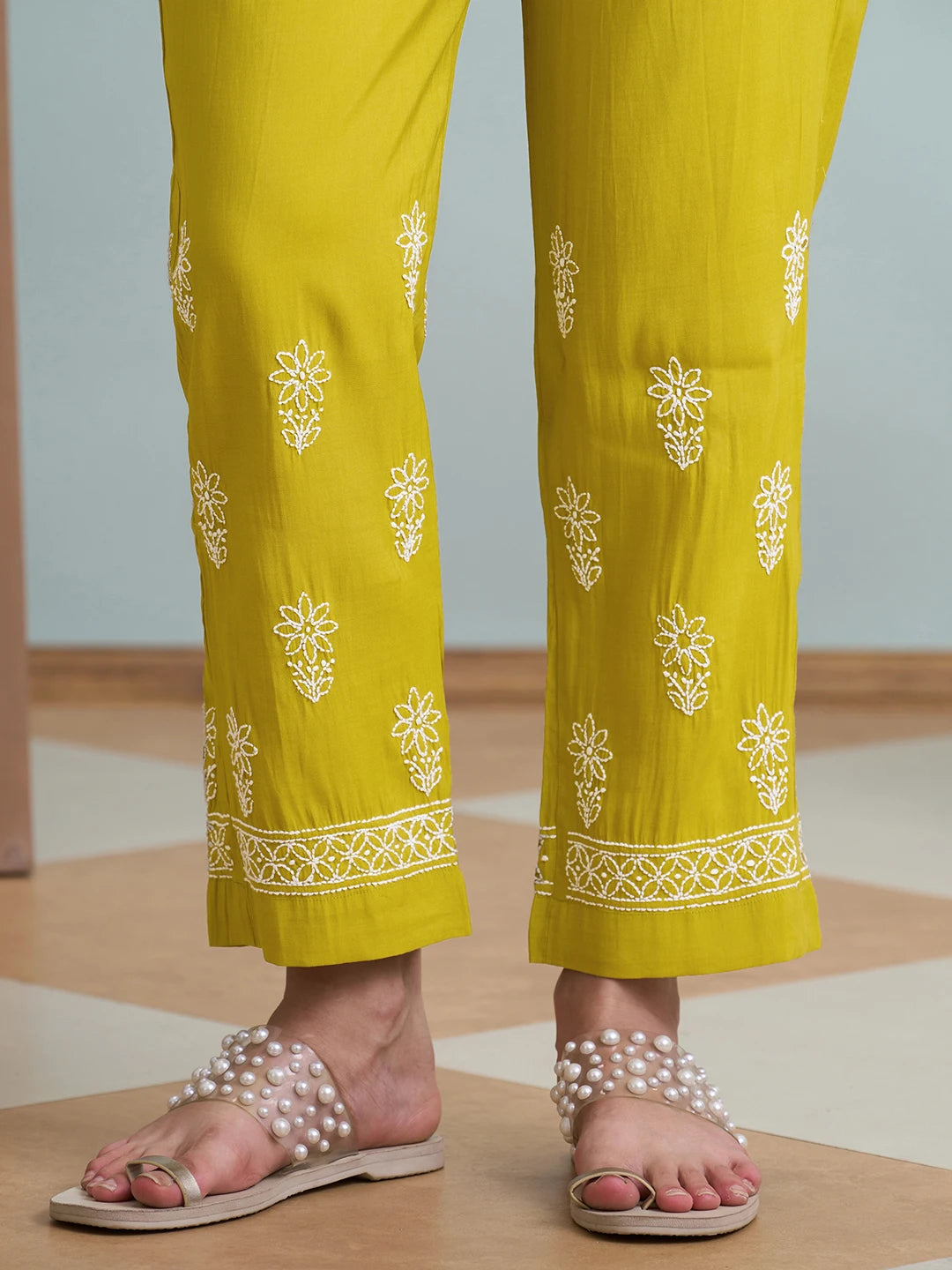 Ada Hand Embroidered Mehandi Green Chanderi Lucknowi Chikankari Kurta Set A811360
