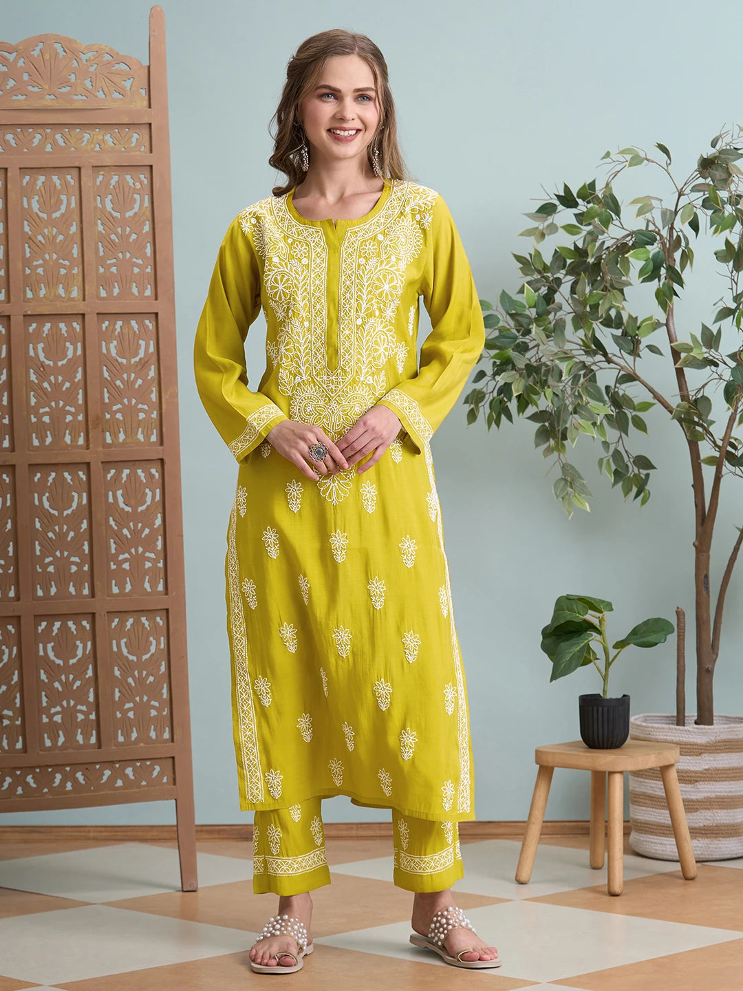Ada Hand Embroidered Mehandi Green Chanderi Lucknowi Chikankari Kurta Set A811360