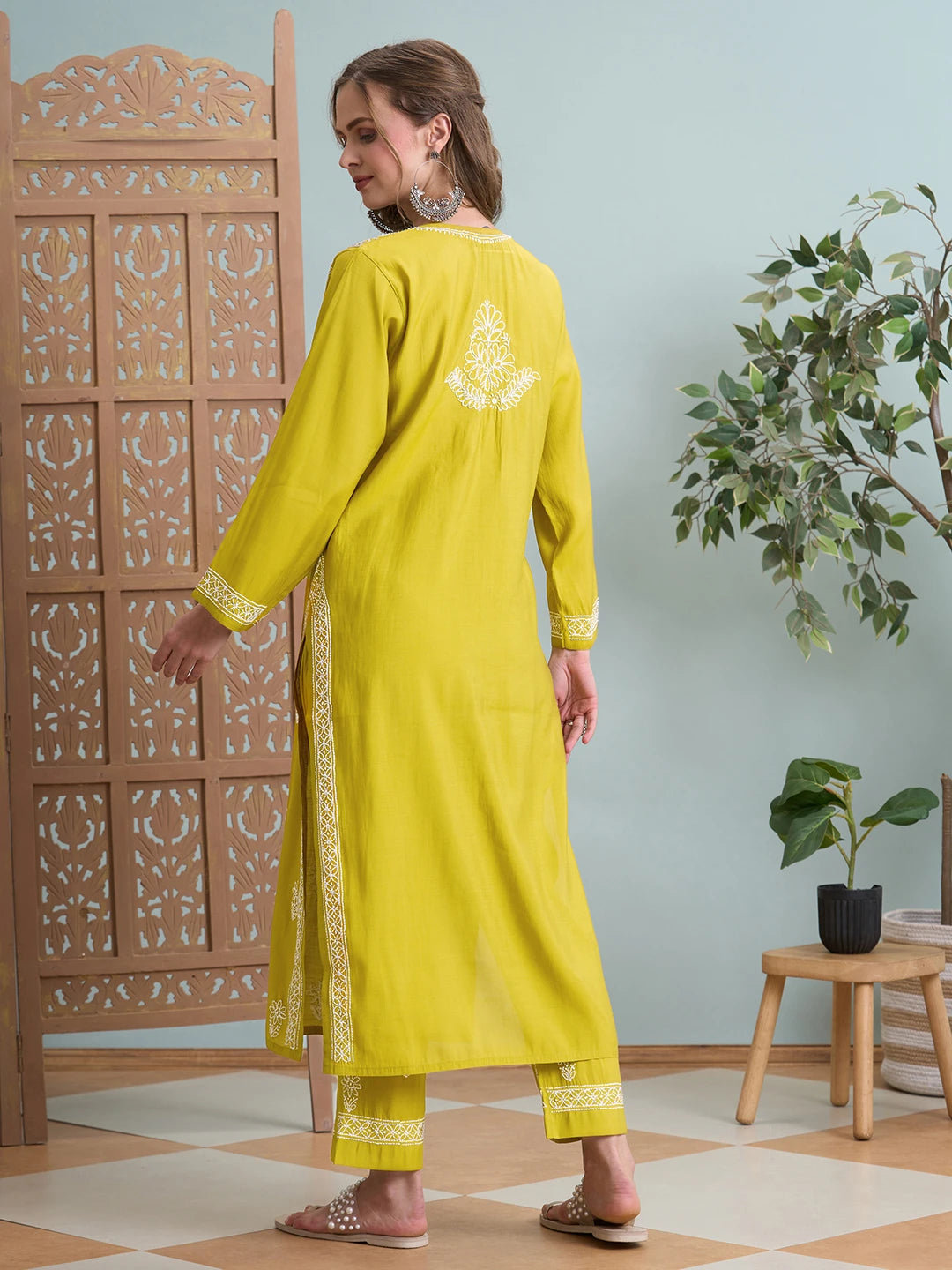Ada Hand Embroidered Mehandi Green Chanderi Lucknowi Chikankari Kurta Set A811360