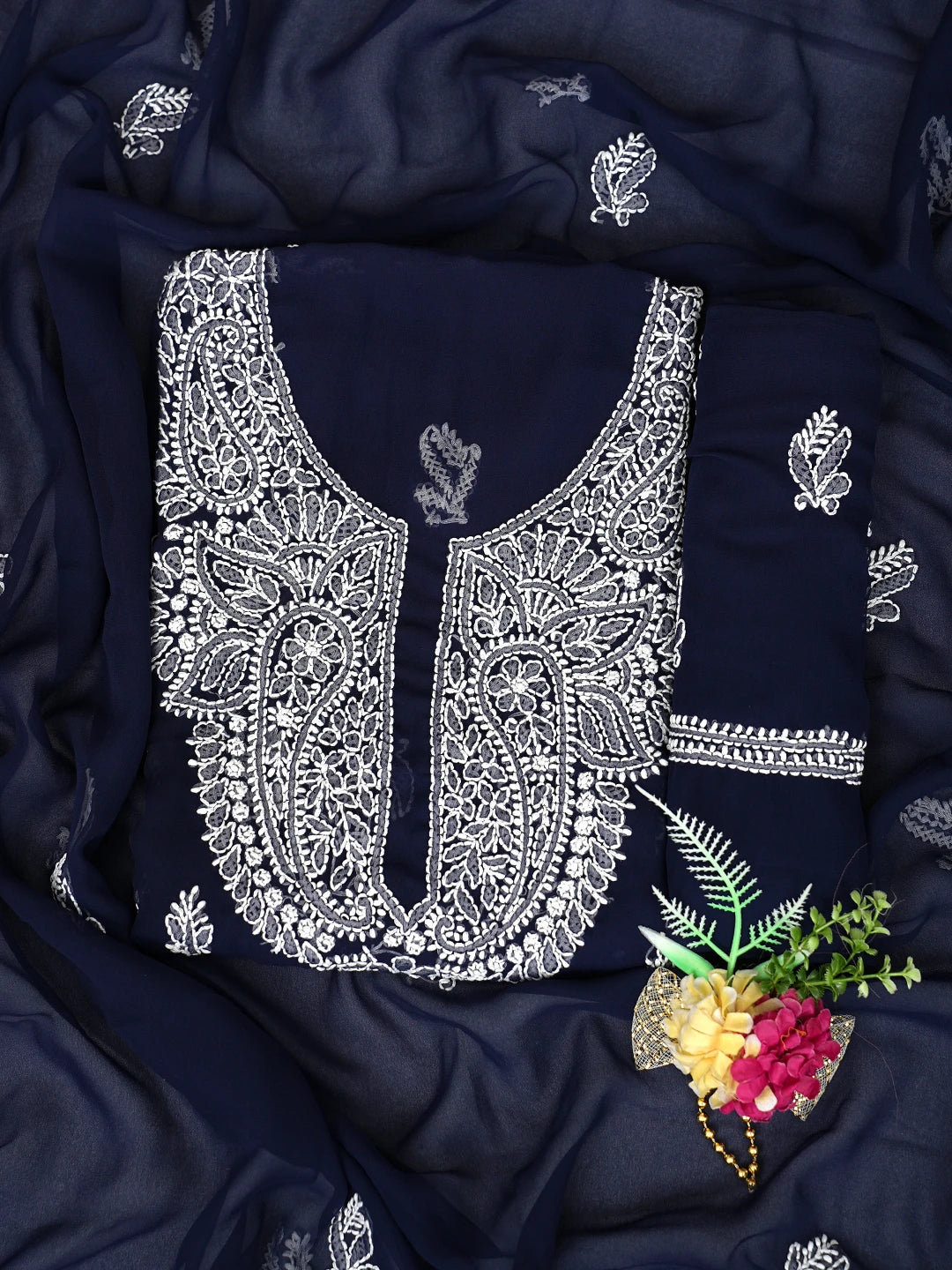 Ada Hand Embroidered Navy Blue  Georgette Lucknowi Chikankari Unstitched Suit Piece 01A866823