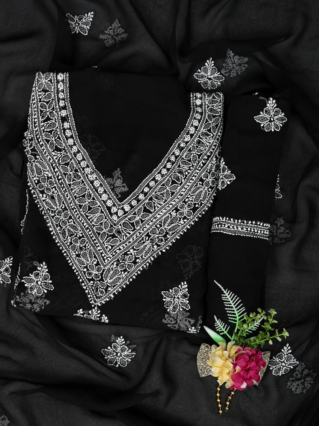 Ada Hand Embroidered Black Georgette Lucknowi Chikankari Unstitched Suit Piece 01A866863