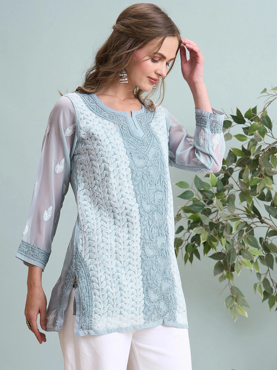 Ada Hand Embroidered Grey Georgette Lucknowi Chikankari Short Kurti A911518