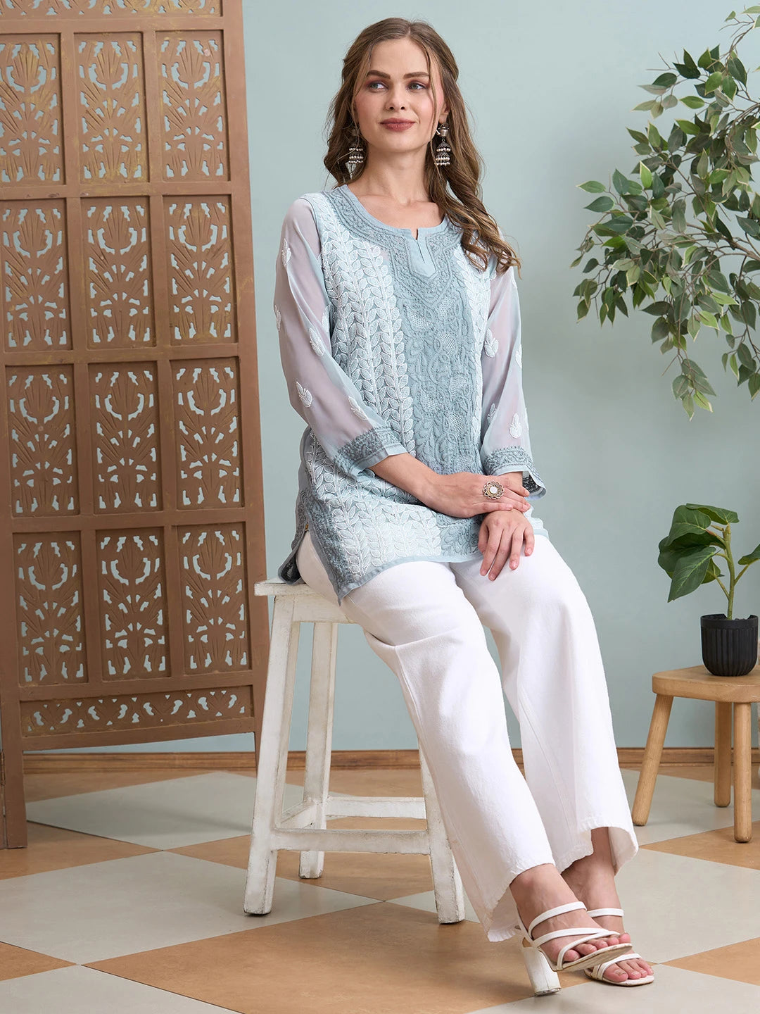 Ada Hand Embroidered Grey Georgette Lucknowi Chikankari Short Kurti A911518