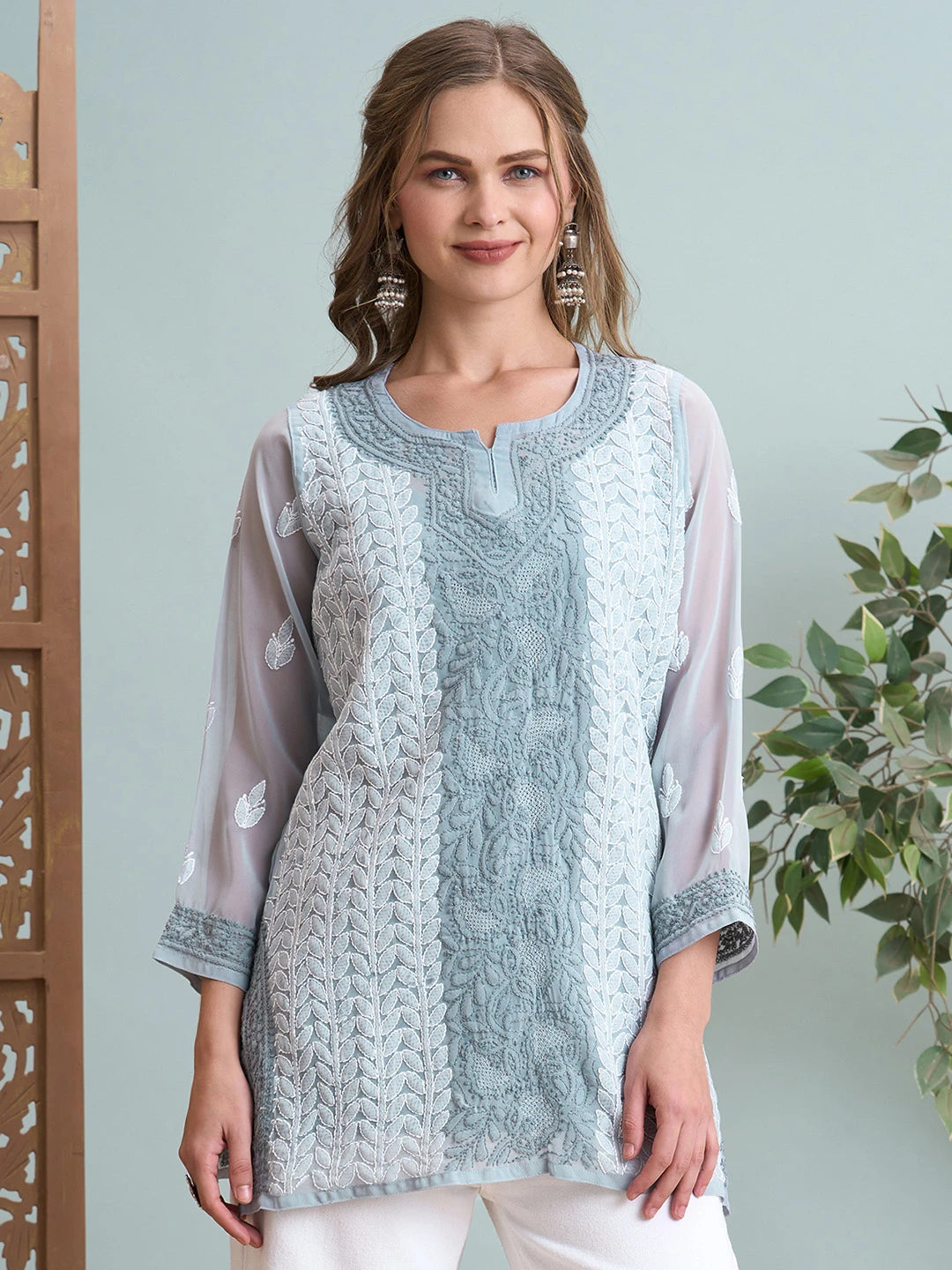 Ada Hand Embroidered Grey Georgette Lucknowi Chikankari Short Kurti A911518
