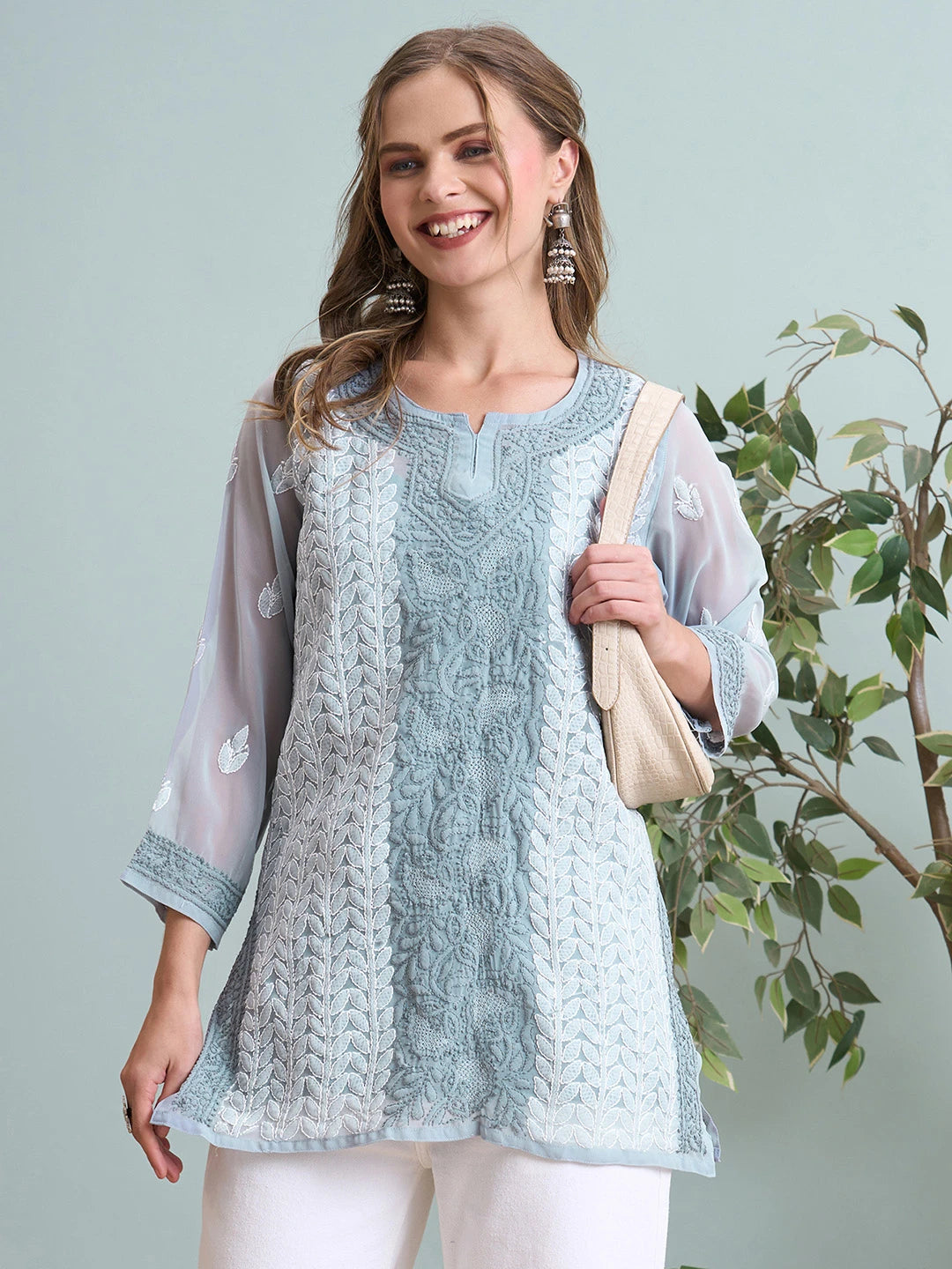 Ada Hand Embroidered Grey Georgette Lucknowi Chikankari Short Kurti A911518