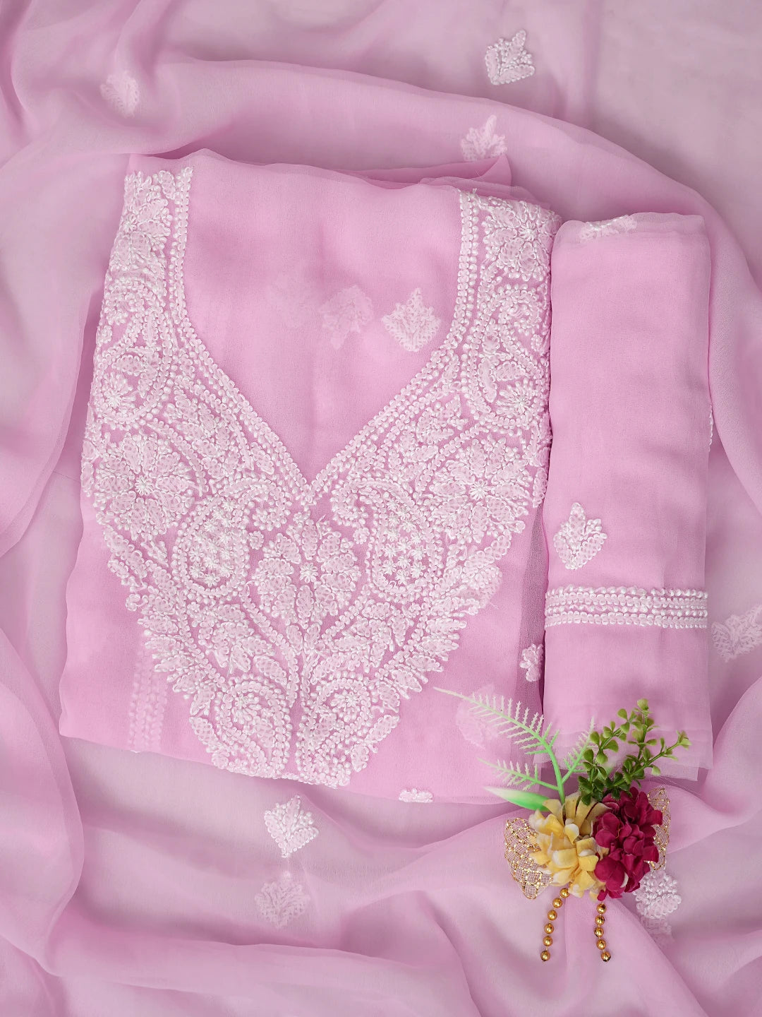 Ada Hand Embroidered Pink Georgette Lucknowi Chikankari Unstitched Suit Piece 01A866829
