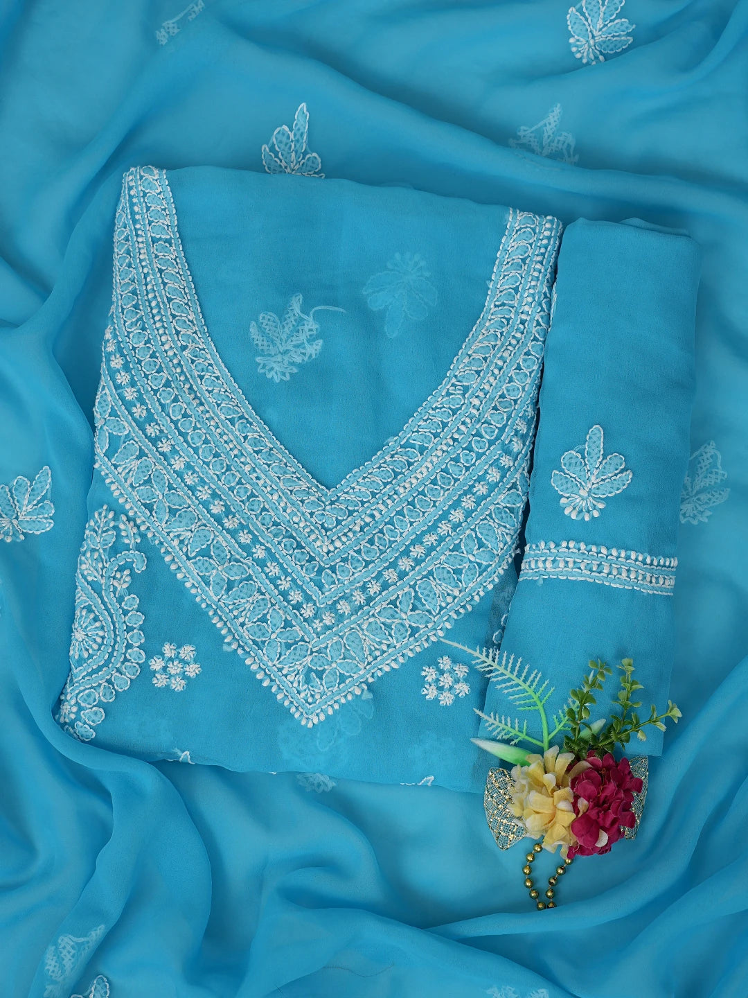 Ada Hand Embroidered Sky Blue Georgette Lucknowi Chikankari Unstitched Suit Piece 01A866877