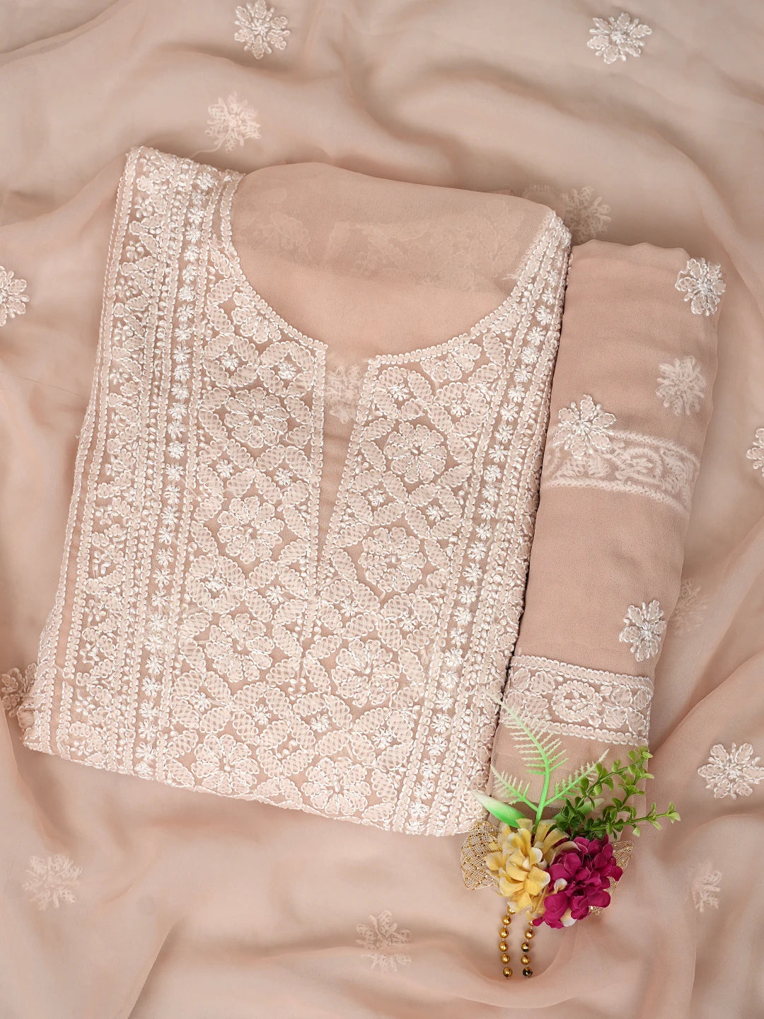 Ada Hand Embroidered Fawn Georgette Lucknowi Chikankari Unstitched Suit Piece 01A866983