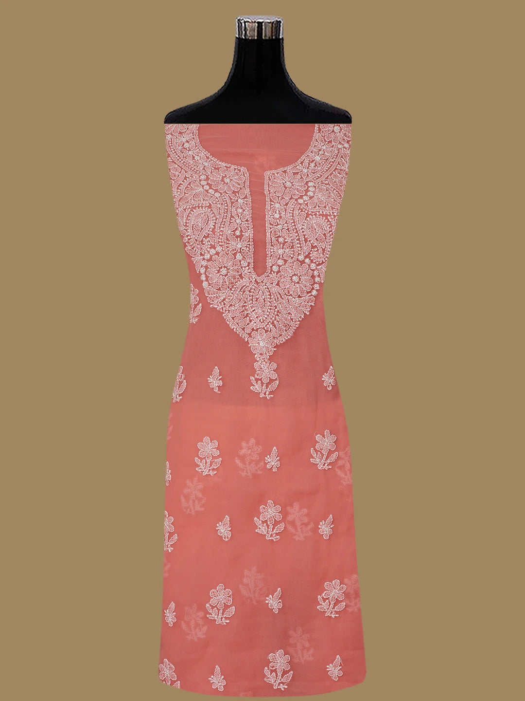 Ada Hand Embroidered Peach Georgette Lucknowi Chikankari Unstitched Suit Piece 01A866748