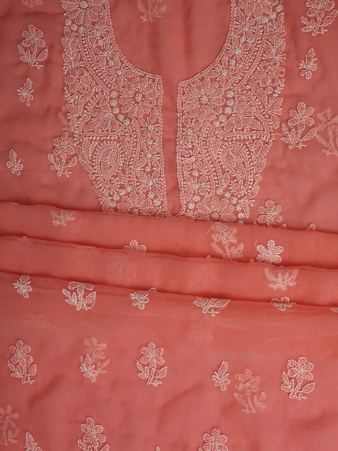 Ada Hand Embroidered Peach Georgette Lucknowi Chikankari Unstitched Suit Piece 01A866748