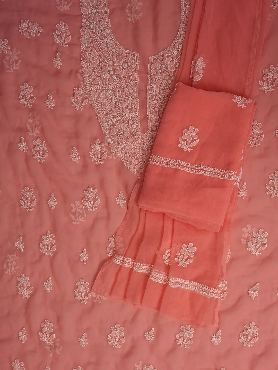 Ada Hand Embroidered Peach Georgette Lucknowi Chikankari Unstitched Suit Piece 01A866748