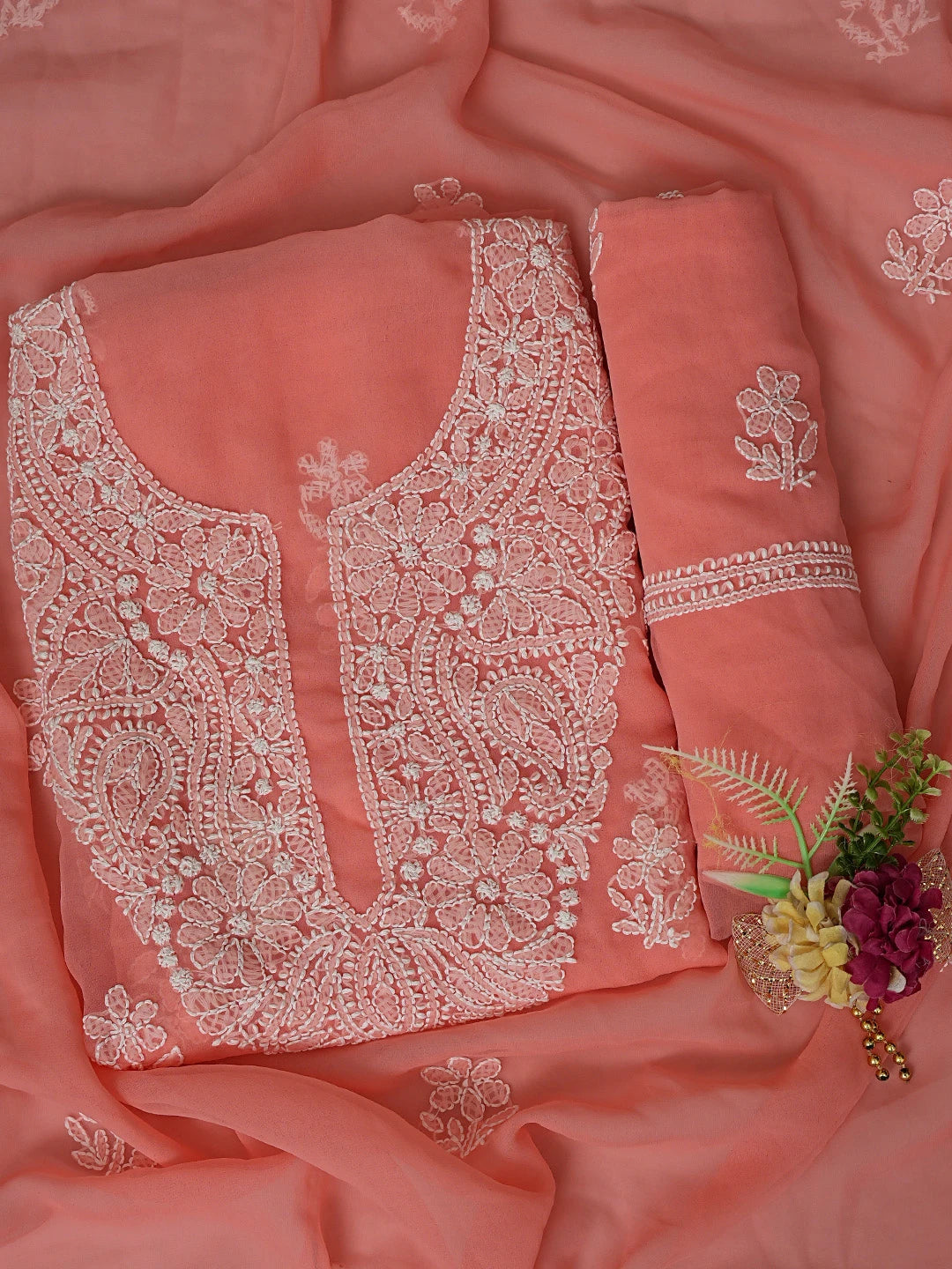 Ada Hand Embroidered Peach Georgette Lucknowi Chikankari Unstitched Suit Piece 01A866748
