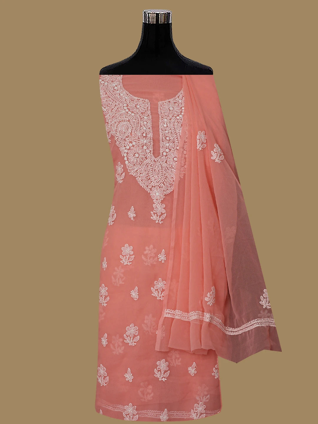 Ada Hand Embroidered Peach Georgette Lucknowi Chikankari Unstitched Suit Piece 01A866748