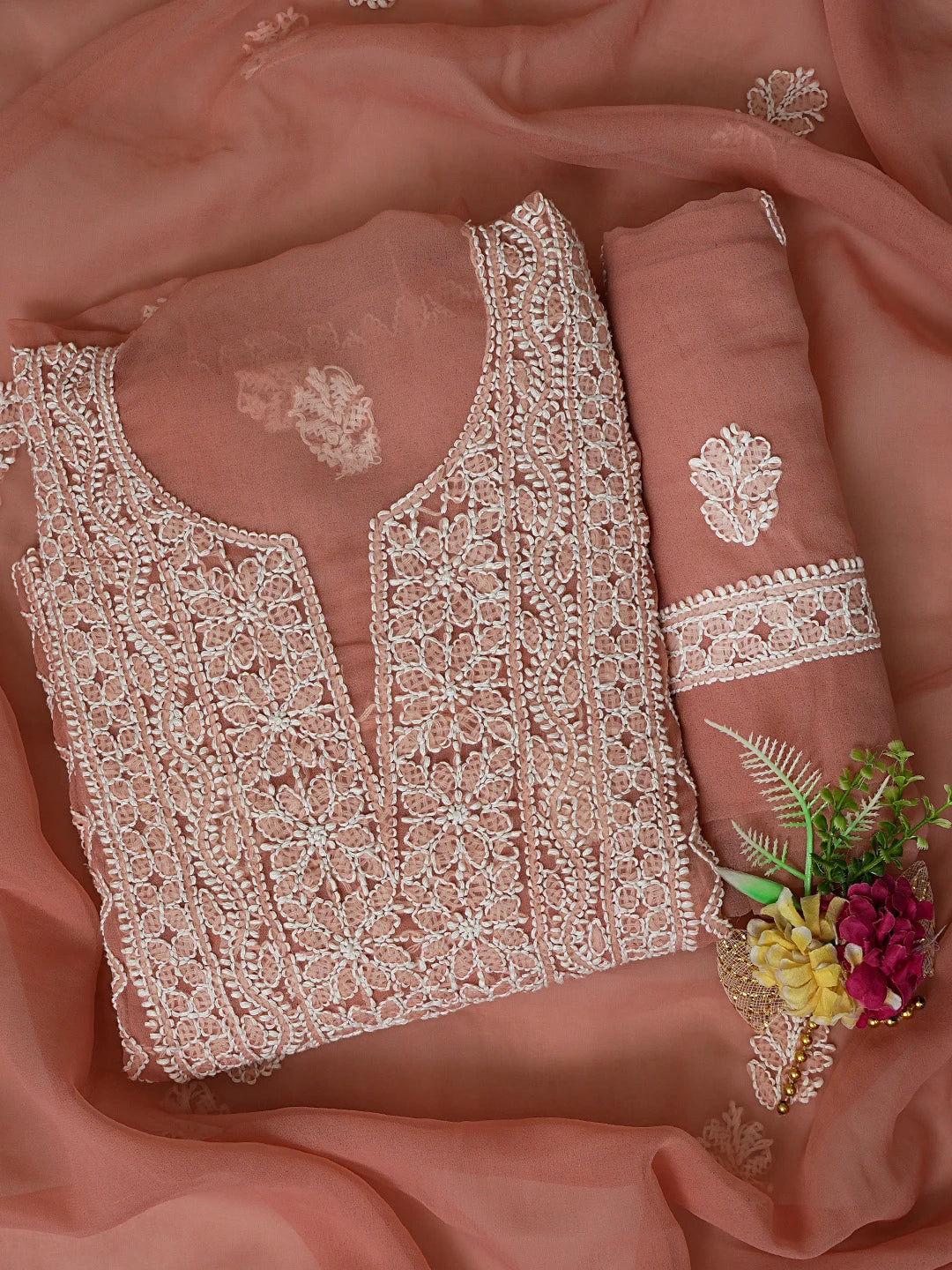 Ada Hand Embroidered Dusty Peach Georgette Lucknowi Chikankari Unstitched Suit Piece 01A866984