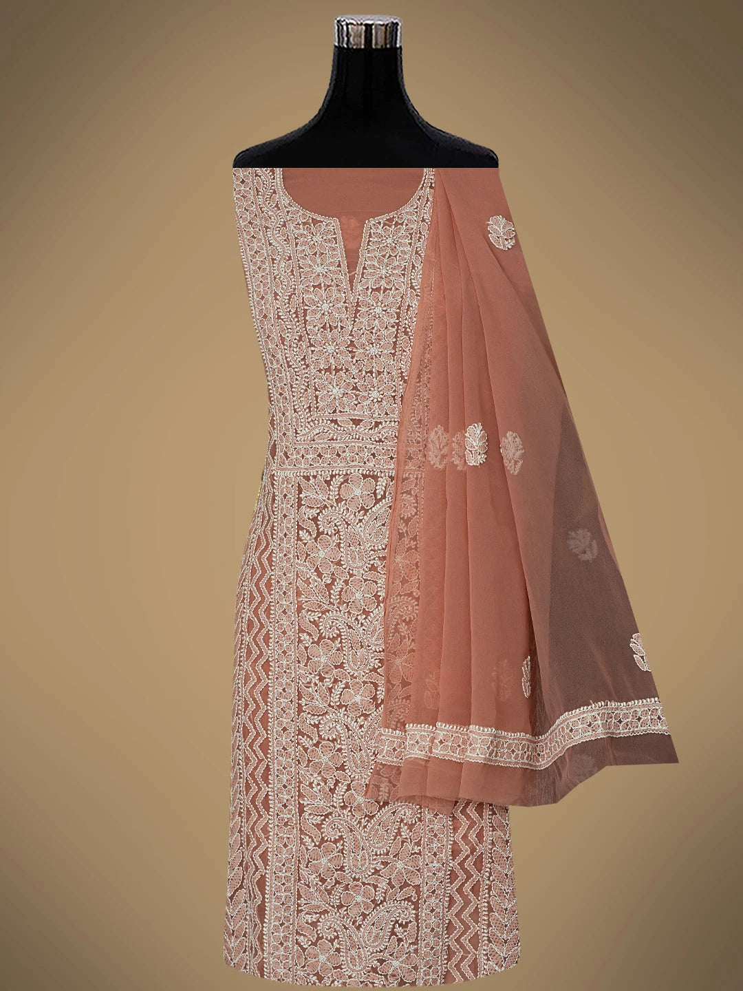 Ada Hand Embroidered Dusty Peach Georgette Lucknowi Chikankari Unstitched Suit Piece 01A866984