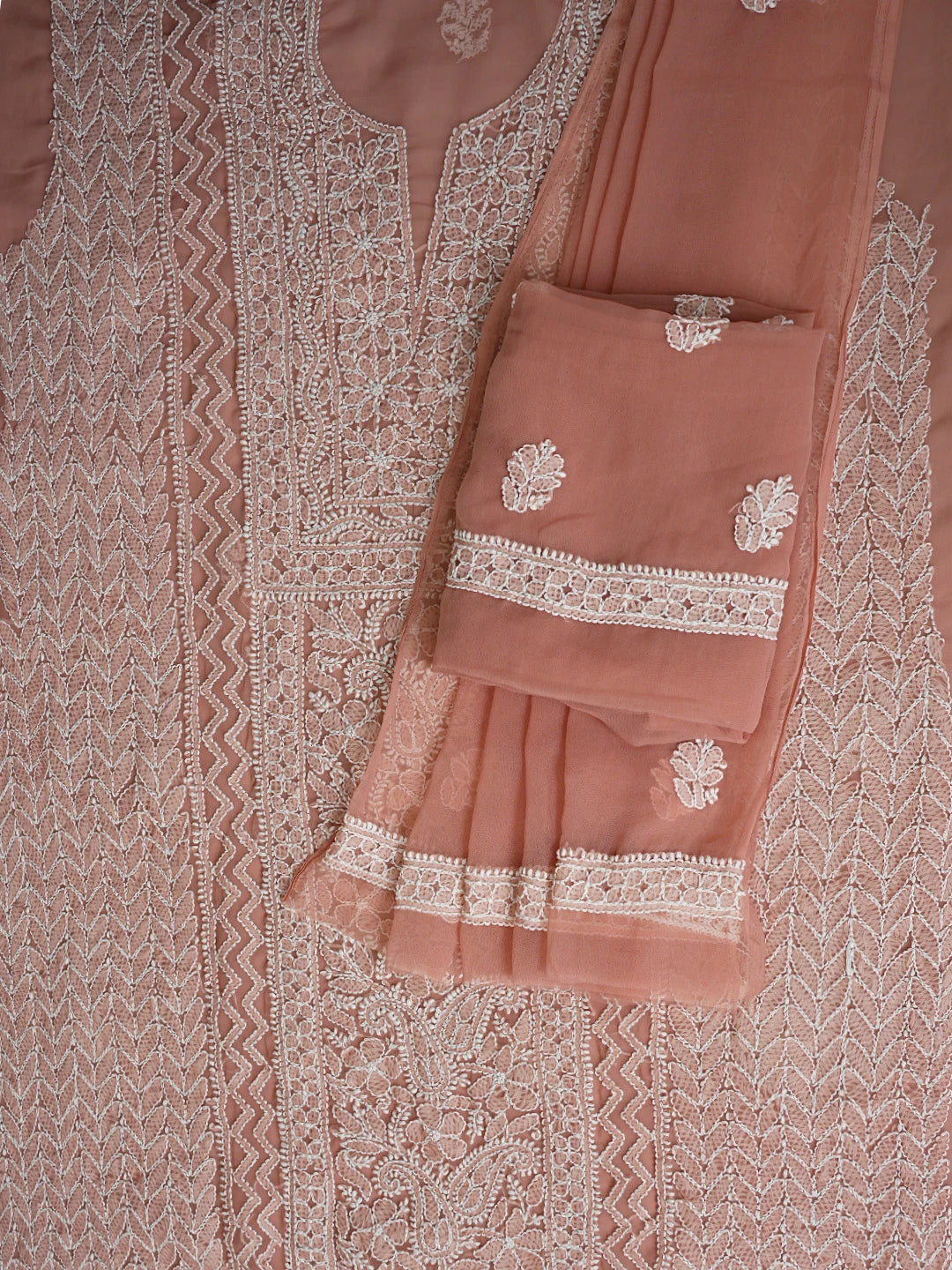 Ada Hand Embroidered Dusty Peach Georgette Lucknowi Chikankari Unstitched Suit Piece 01A866984