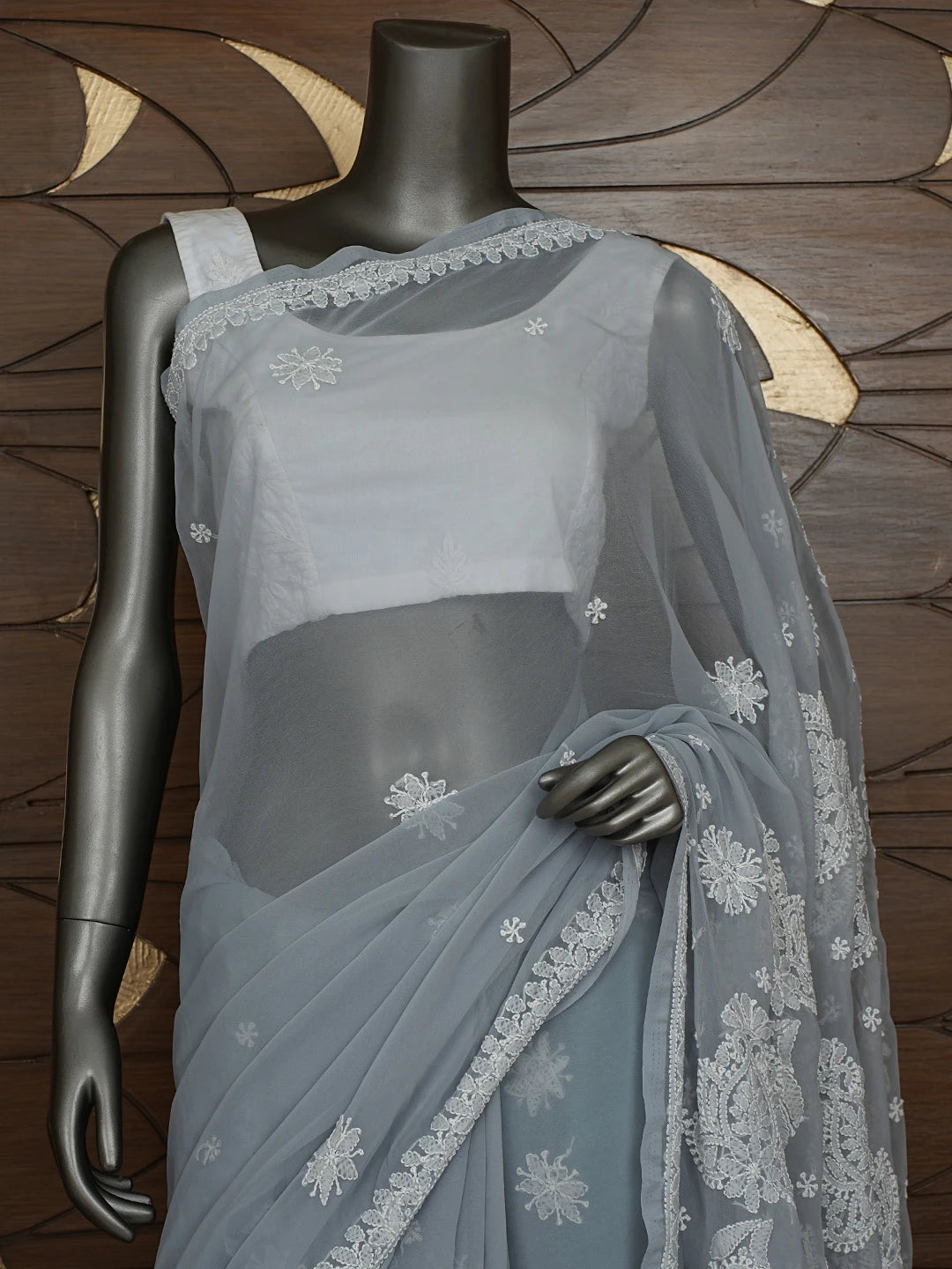 Ada Hand Embroidered Grey Georgette Lucknowi Chikankari Saree With Blouse 01A702473