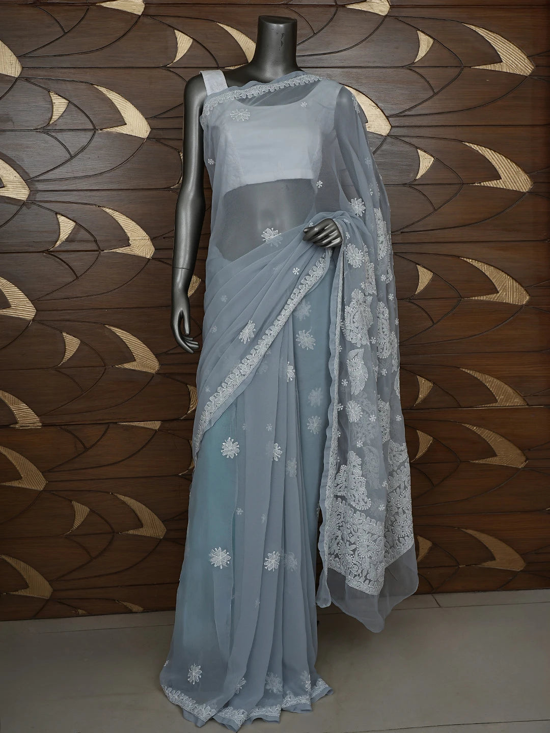 Ada Hand Embroidered Grey Georgette Lucknowi Chikankari Saree With Blouse 01A702473