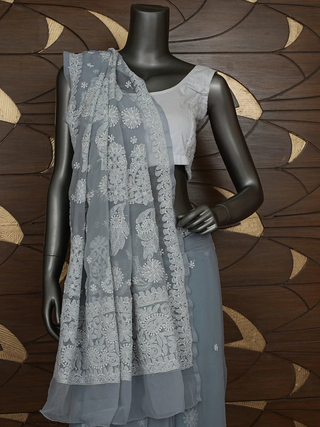 Ada Hand Embroidered Grey Georgette Lucknowi Chikankari Saree With Blouse 01A702473