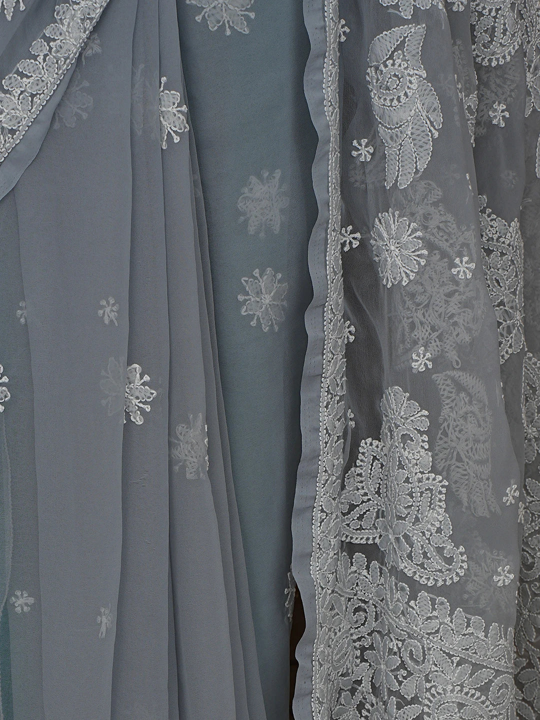 Ada Hand Embroidered Grey Georgette Lucknowi Chikankari Saree With Blouse 01A702473