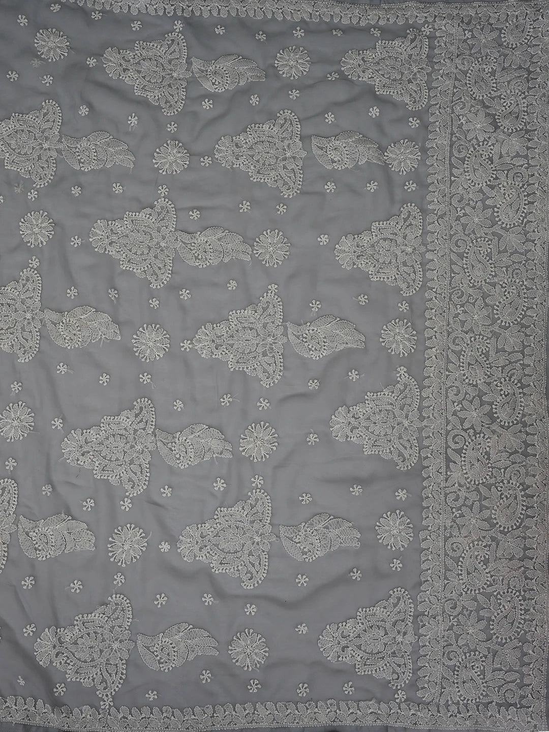 Ada Hand Embroidered Grey Georgette Lucknowi Chikankari Saree With Blouse 01A702473