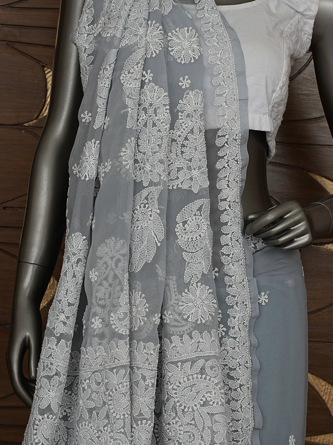 Ada Hand Embroidered Grey Georgette Lucknowi Chikankari Saree With Blouse 01A702473