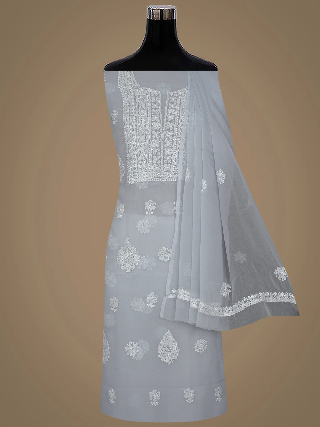 Ada Hand Embroidered Grey Georgette Lucknowi Chikankari Unstitched Suit Piece 01A867455
