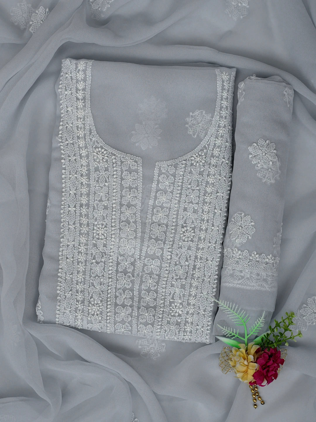 Ada Hand Embroidered Grey Georgette Lucknowi Chikankari Unstitched Suit Piece 01A867455