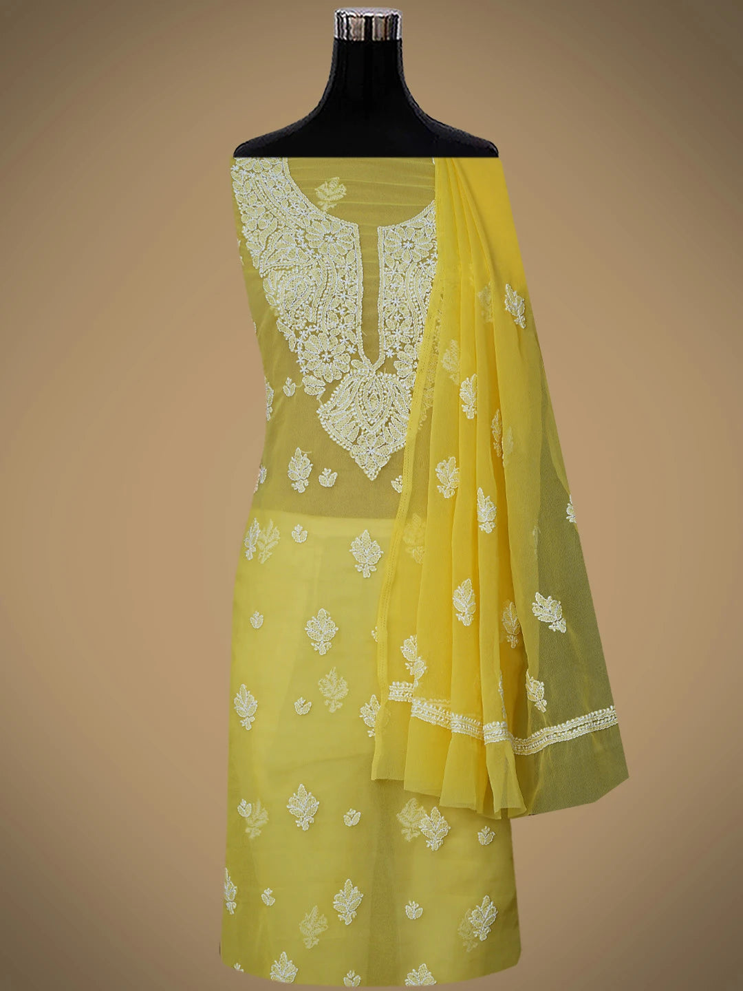 Ada Hand Embroidered Yellow Georgette Lucknowi Chikankari Unstitched Suit Piece 01A866795