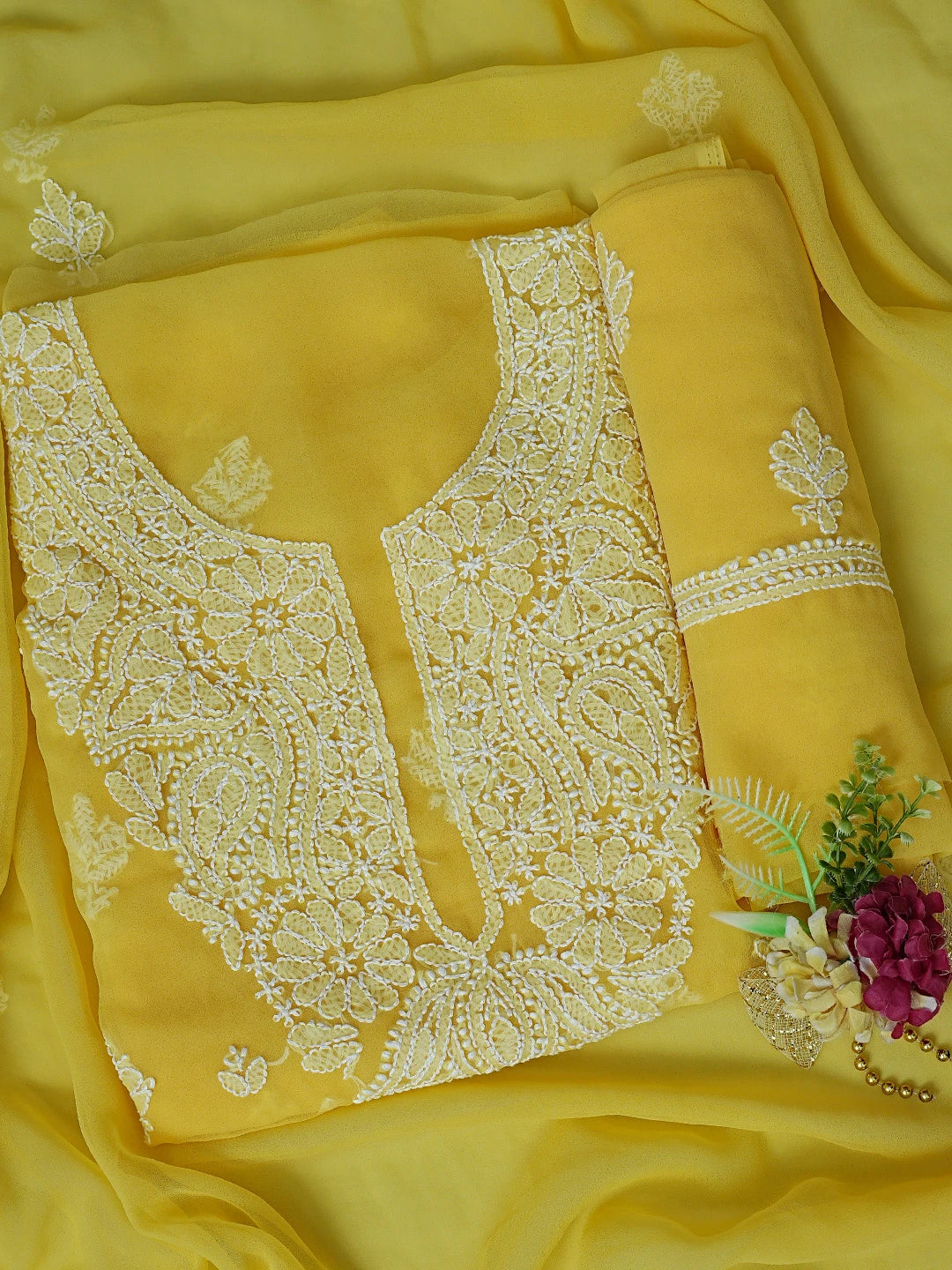 Ada Hand Embroidered Yellow Georgette Lucknowi Chikankari Unstitched Suit Piece 01A866795