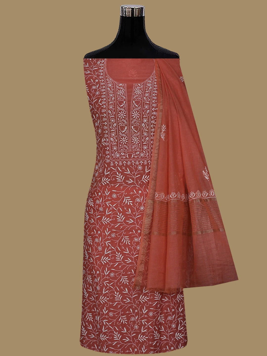 Ada Hand Embroidered Coral Peach Chanderi Lucknowi Chikankari Unstitched Kurta Dupatta Set 01A805750