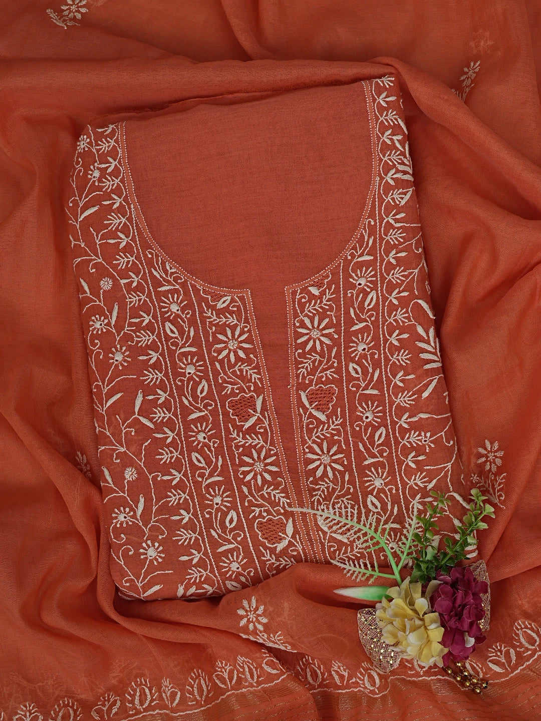 Ada Hand Embroidered Coral Peach Chanderi Lucknowi Chikankari Unstitched Kurta Dupatta Set 01A805750
