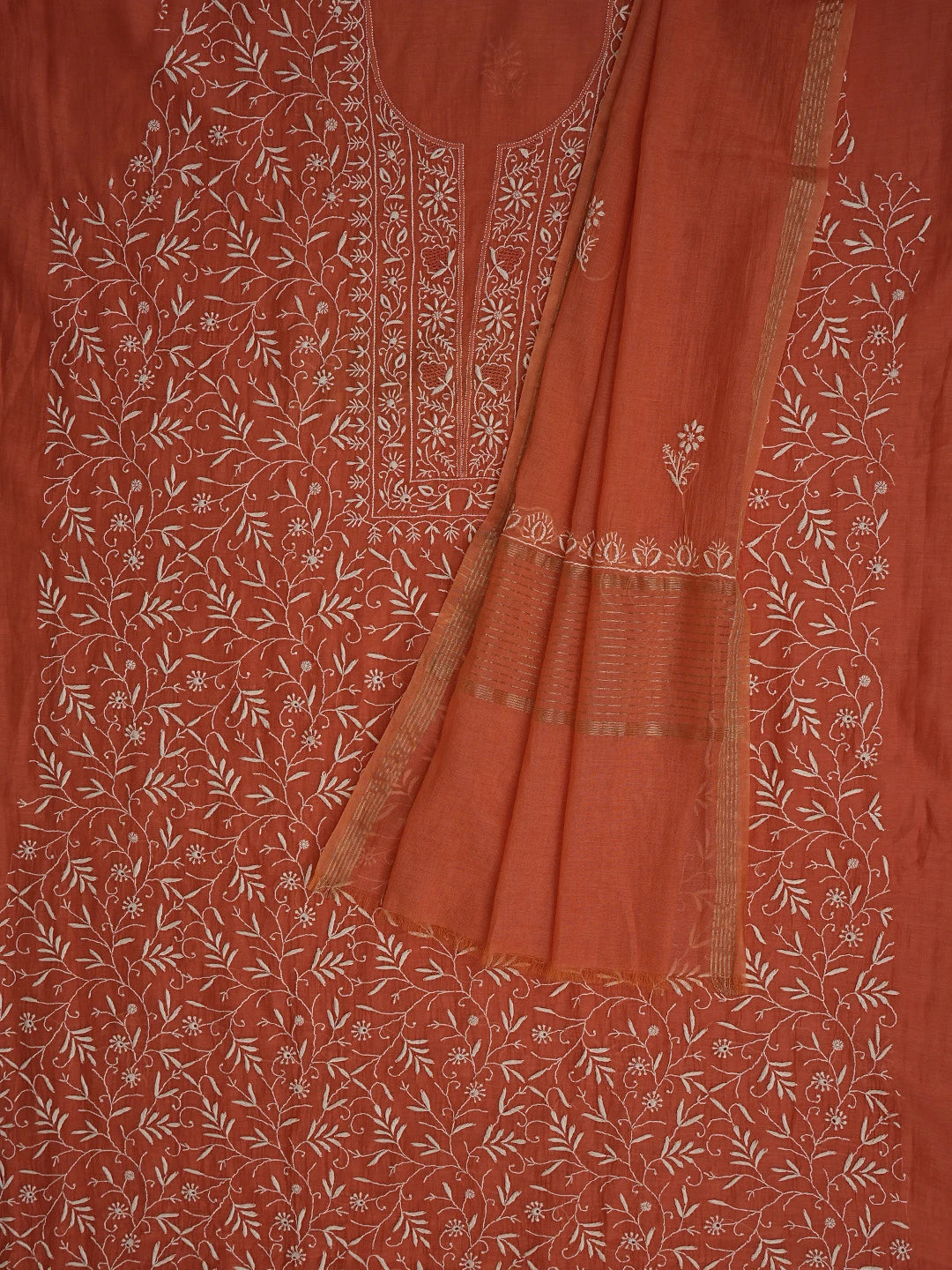 Ada Hand Embroidered Coral Peach Chanderi Lucknowi Chikankari Unstitched Kurta Dupatta Set 01A805750