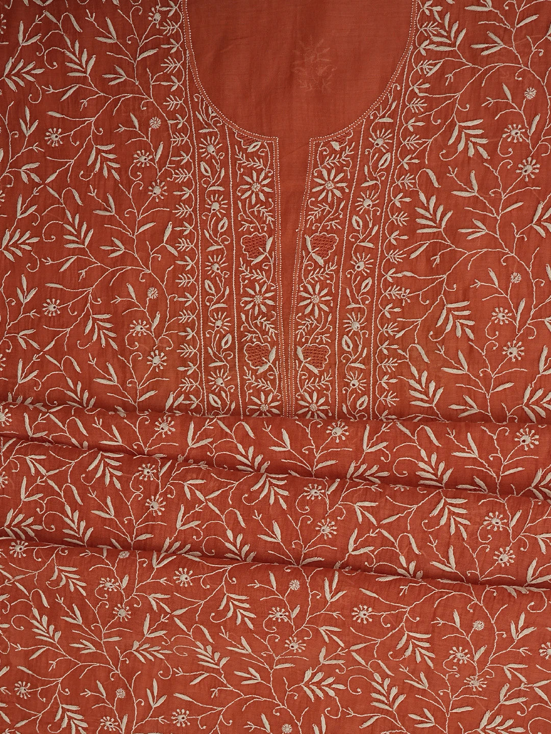 Ada Hand Embroidered Coral Peach Chanderi Lucknowi Chikankari Unstitched Kurta Dupatta Set 01A805750