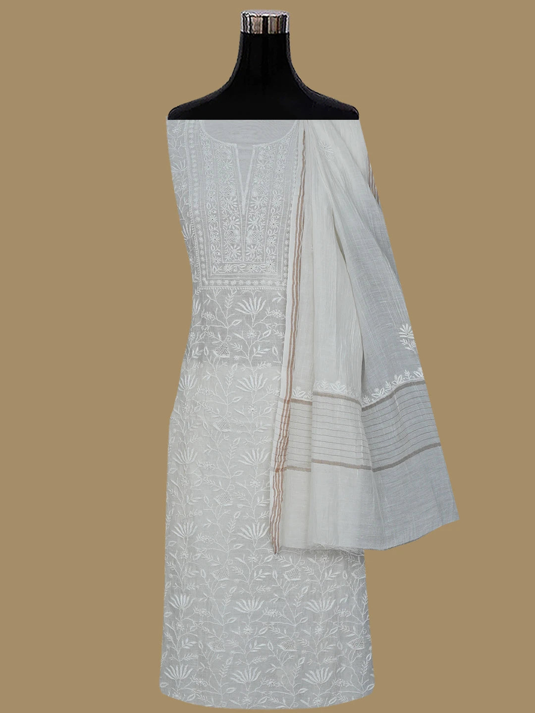 Ada Hand Embroidered White Ivory Chanderi Lucknowi Chikankari Unstitched Kurta Dupatta Set 01A821737