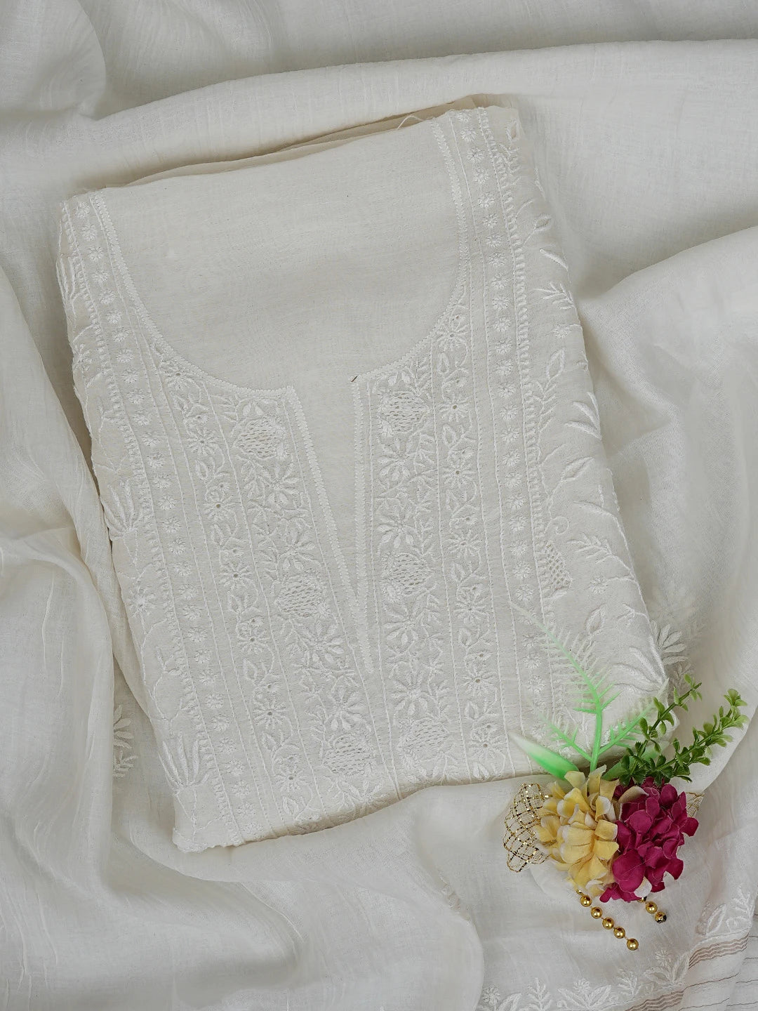Ada Hand Embroidered White Ivory Chanderi Lucknowi Chikankari Unstitched Kurta Dupatta Set 01A821737